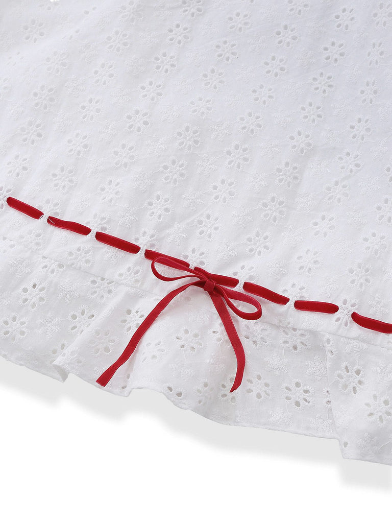 [Prévente] Robe blanche coton brodé à nœud bouffant et volants années 1960