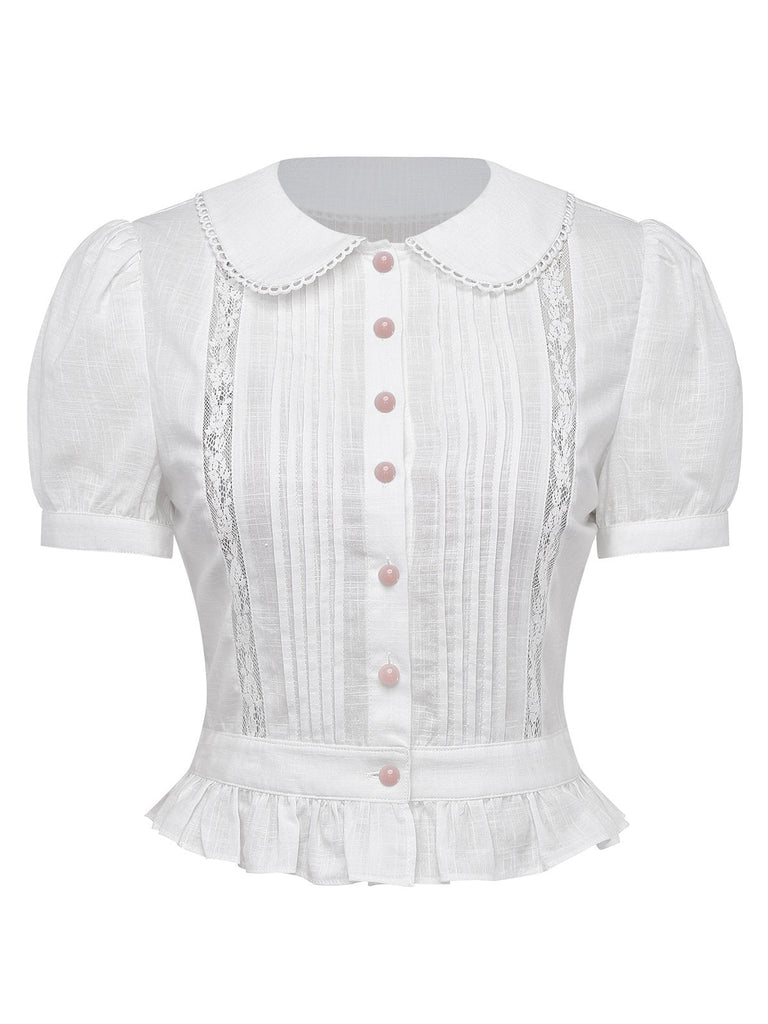 [Prévente] Blouse Blanche Coton Col Claudine Dentelle Plissée Années 1950