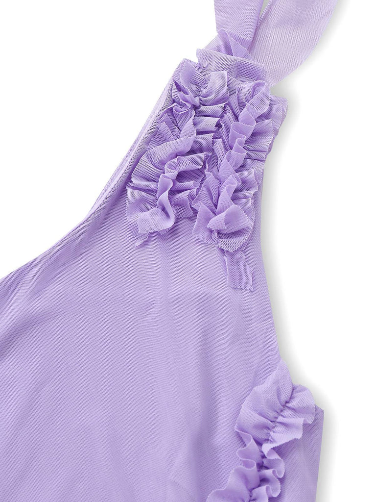 Robe asymétrique violette à volants et à une épaule en maille années 70