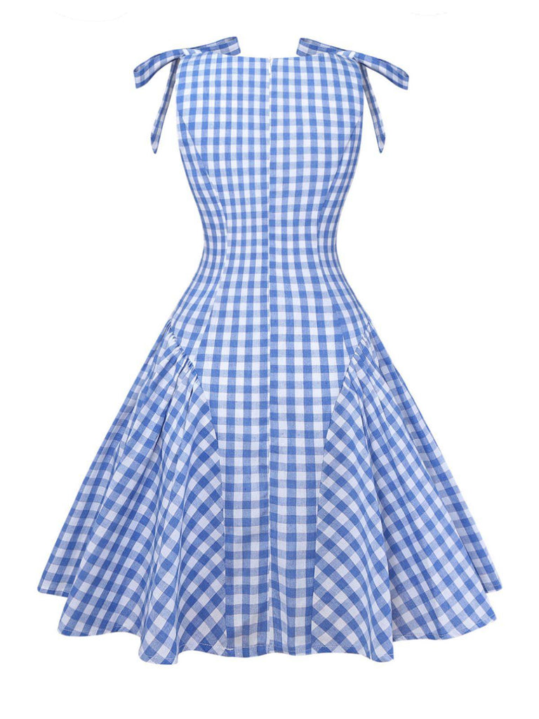 Robe empire bleue à carreaux vichy bretelles nouées sur les épaules années 1960