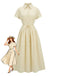 Robe jaune à col boutonné et ceinture à nouer années 1940