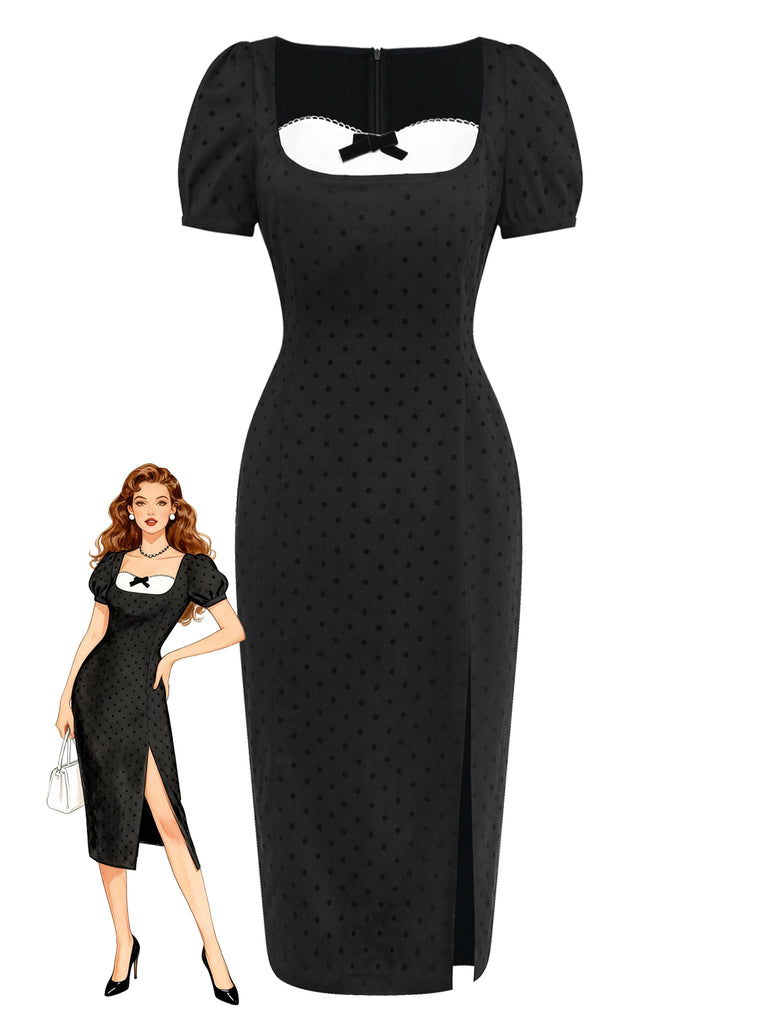 [Prévente] Robe à Pois Noirs avec Nœud et Blocs de Couleurs Années 1960