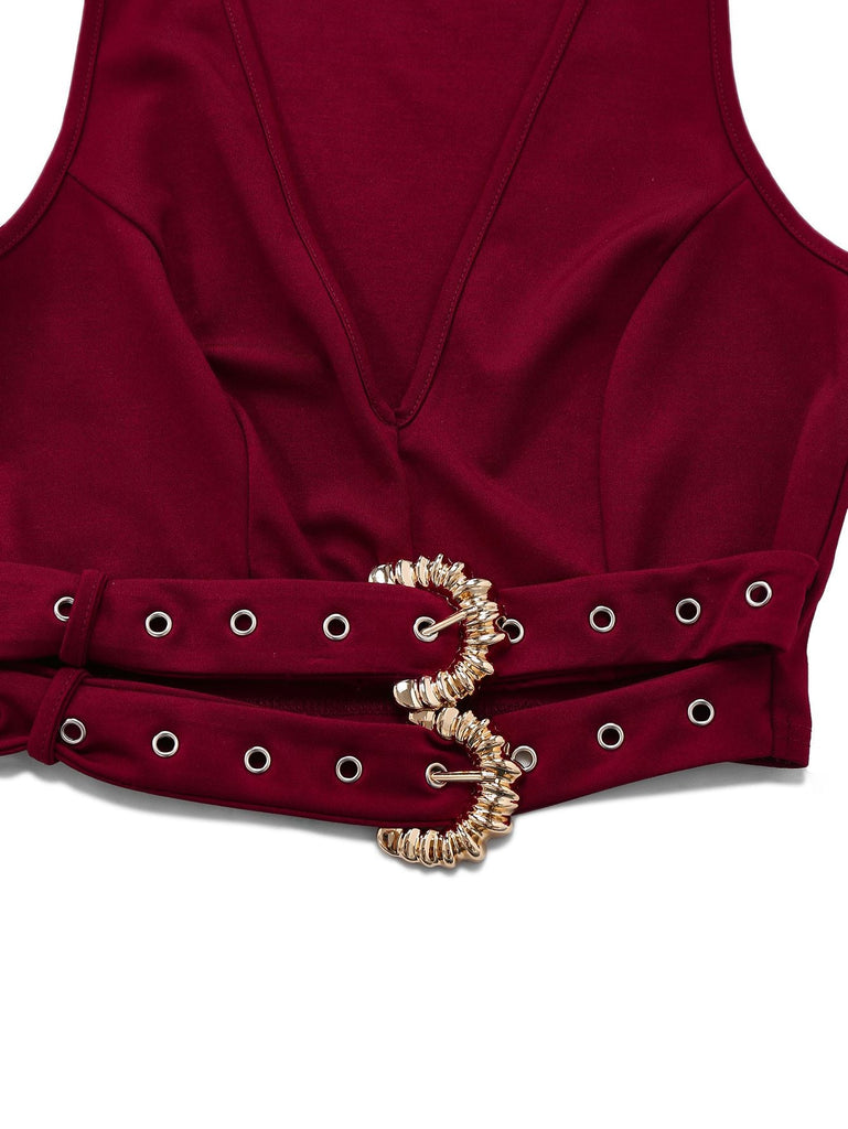 2PCS Ensemble Gilet et Pantalon Solide Col V Profond Ceinturé Années 1950