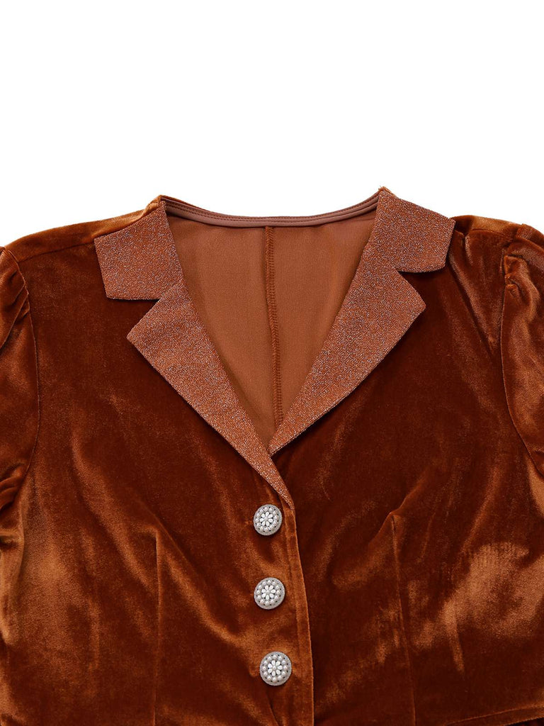 Robe unie marron à revers en velours deux-pièces années 1940