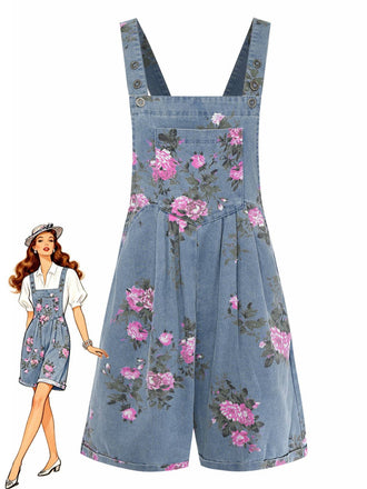 Combishort Bleue Jean Fleurs Bretelles Larges Années 1960