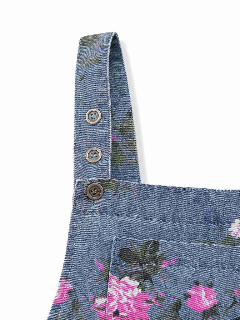 Combishort Bleue Jean Fleurs Bretelles Larges Années 1960