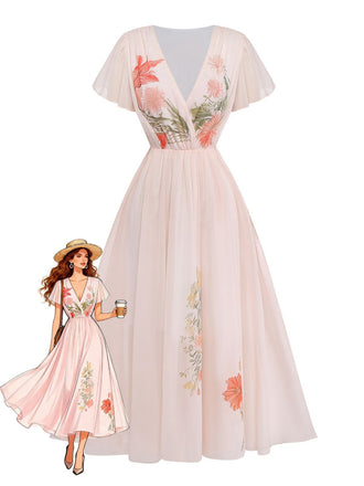 [Prévente] Robe rose col V manches à volants imprimé floral années 1940