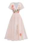 [Prévente] Robe rose col V manches à volants imprimé floral années 1940