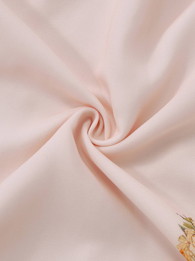 Robe rose col V manches à volants imprimé floral années 1940