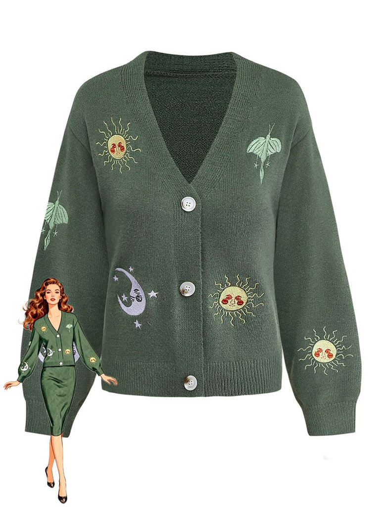 Gilet tricoté à manches lanternes brodées soleil et lune des années 1980