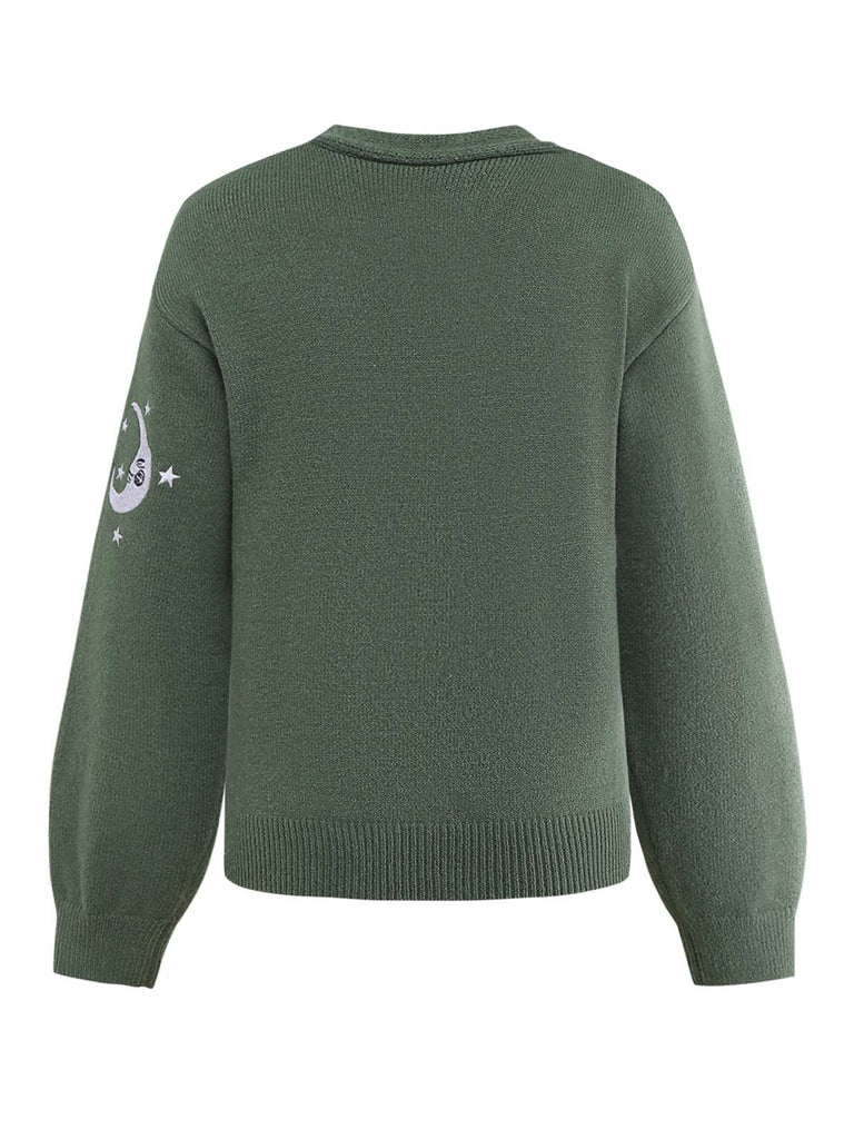 Gilet tricoté à manches lanternes brodées soleil et lune des années 1980