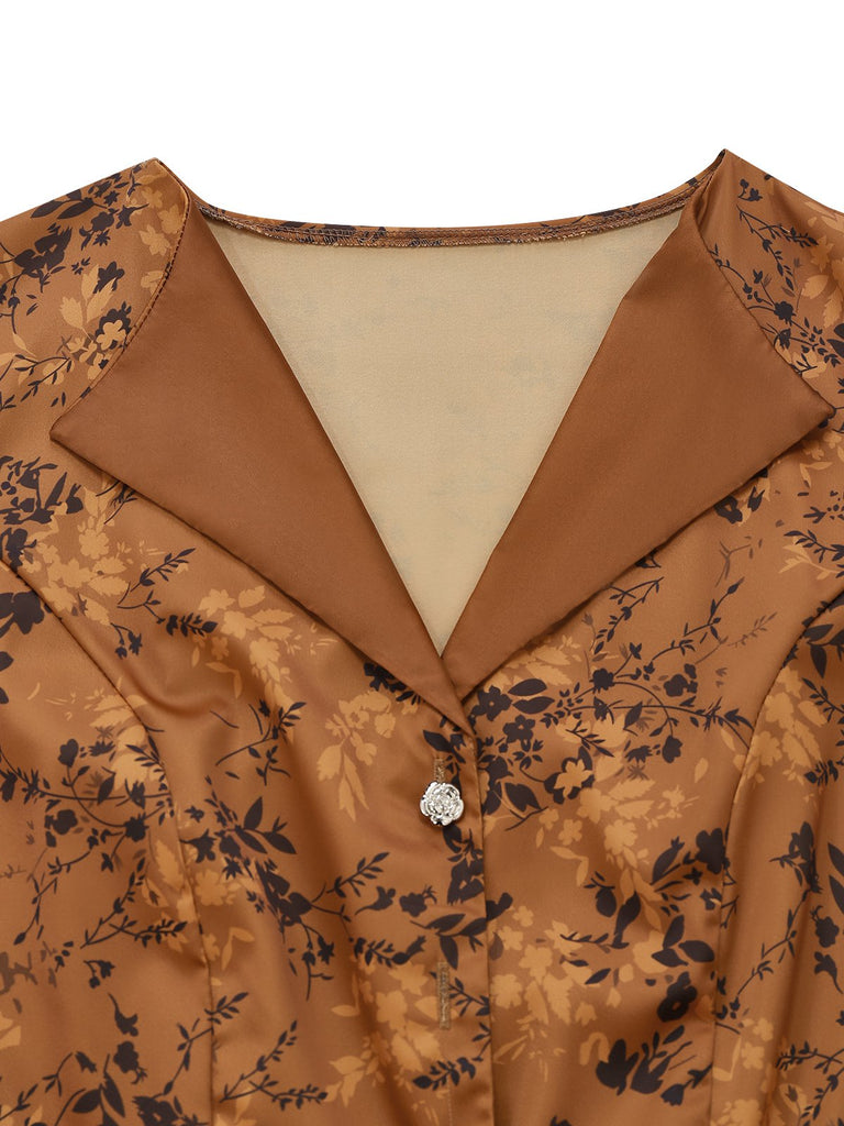 Robe Maxi Marron Motifs Floraux Discrets Années 1930