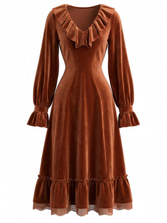Robe marron en velours côtelé uni à volants et dentelle années 1940