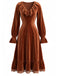 Robe marron en velours côtelé uni à volants et dentelle années 1940