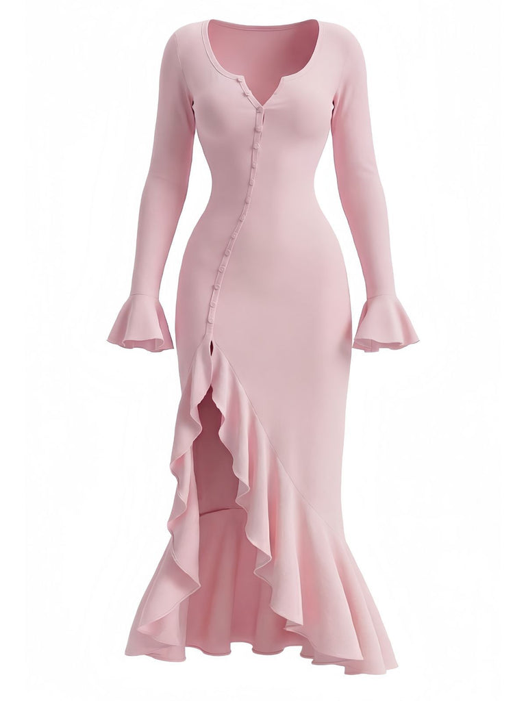 Robe sirène à volants boutons et fente latérale des années 1930