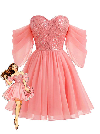 Robe rose à sequins et résille des épaules dénudées années 1950