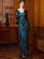 Robe longue bleu-vert à sequins et perles col en V années 1920