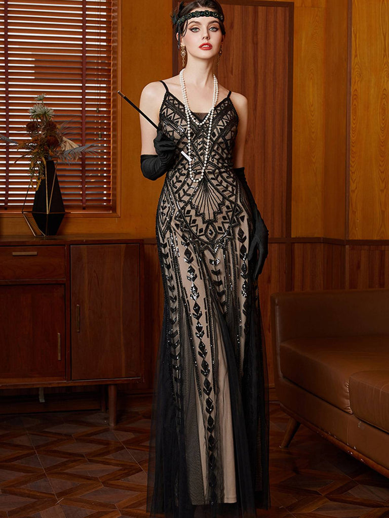 Robe de soirée longue en résille à sequins noirs style Gatsby années 1920