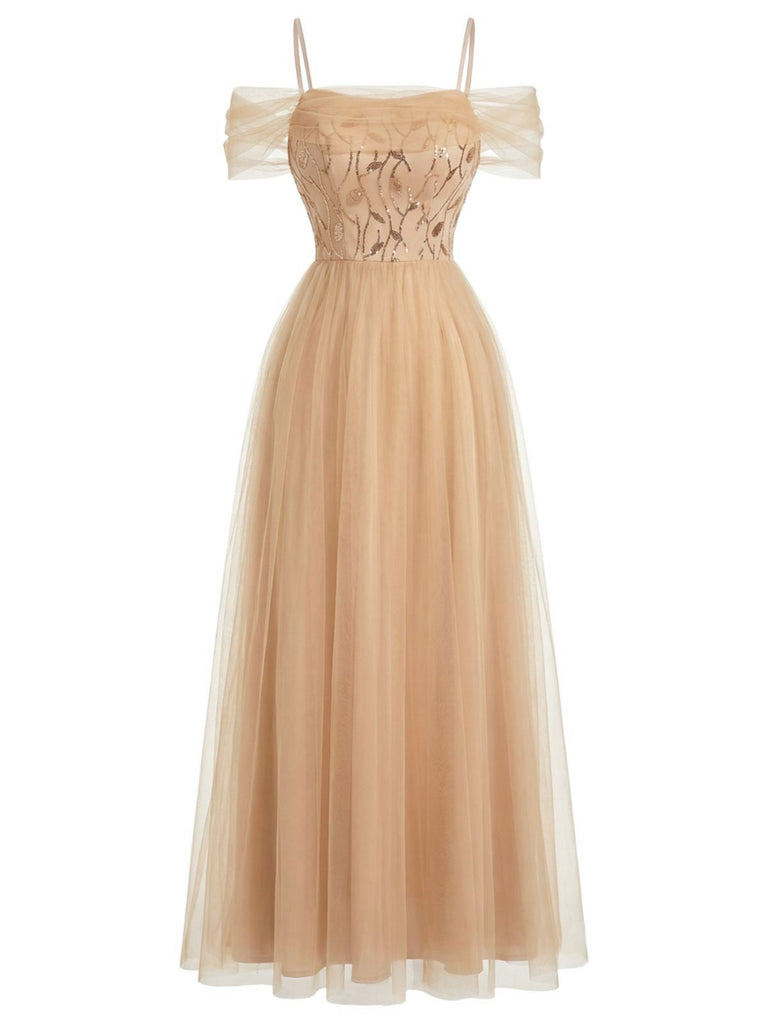 Robe Épaule Dénudée Maillage Paillettes Patchwork Beige Année 1930