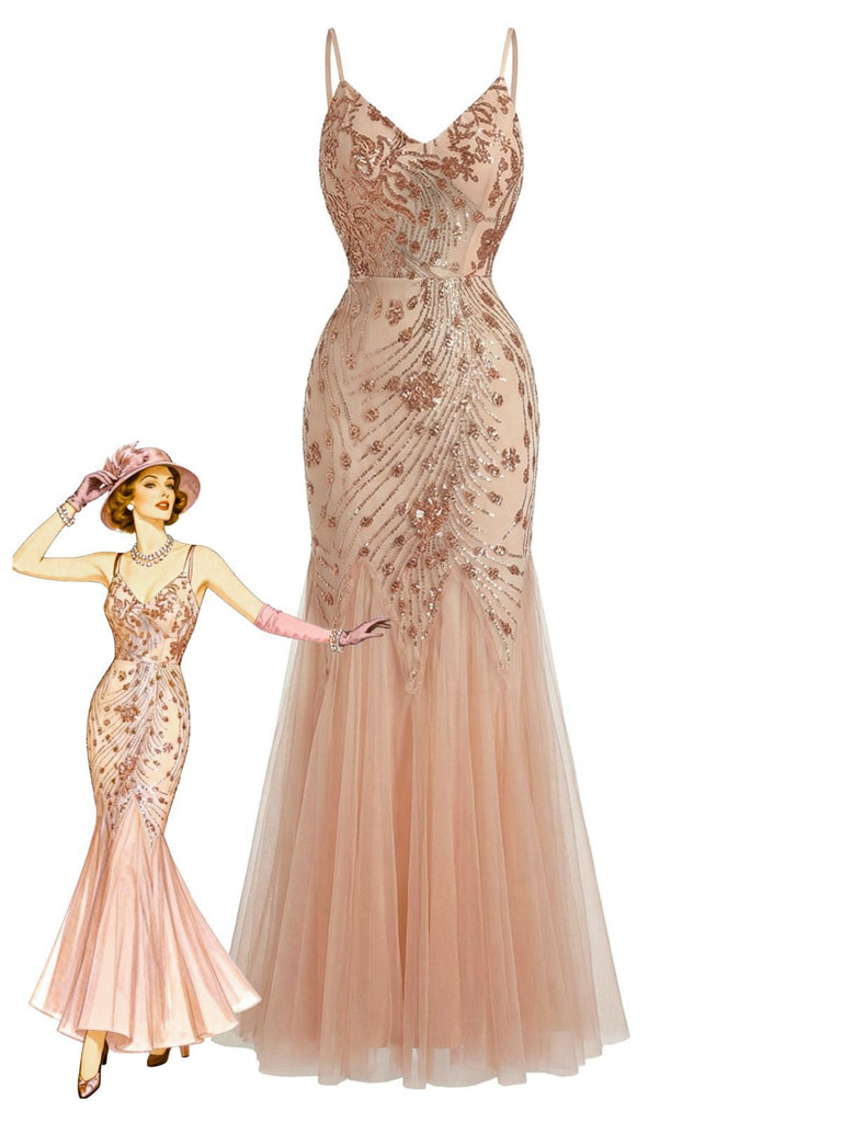 Robe de Soirée Sirène Beige en Résille à Sequins Dos Nu Années 1920