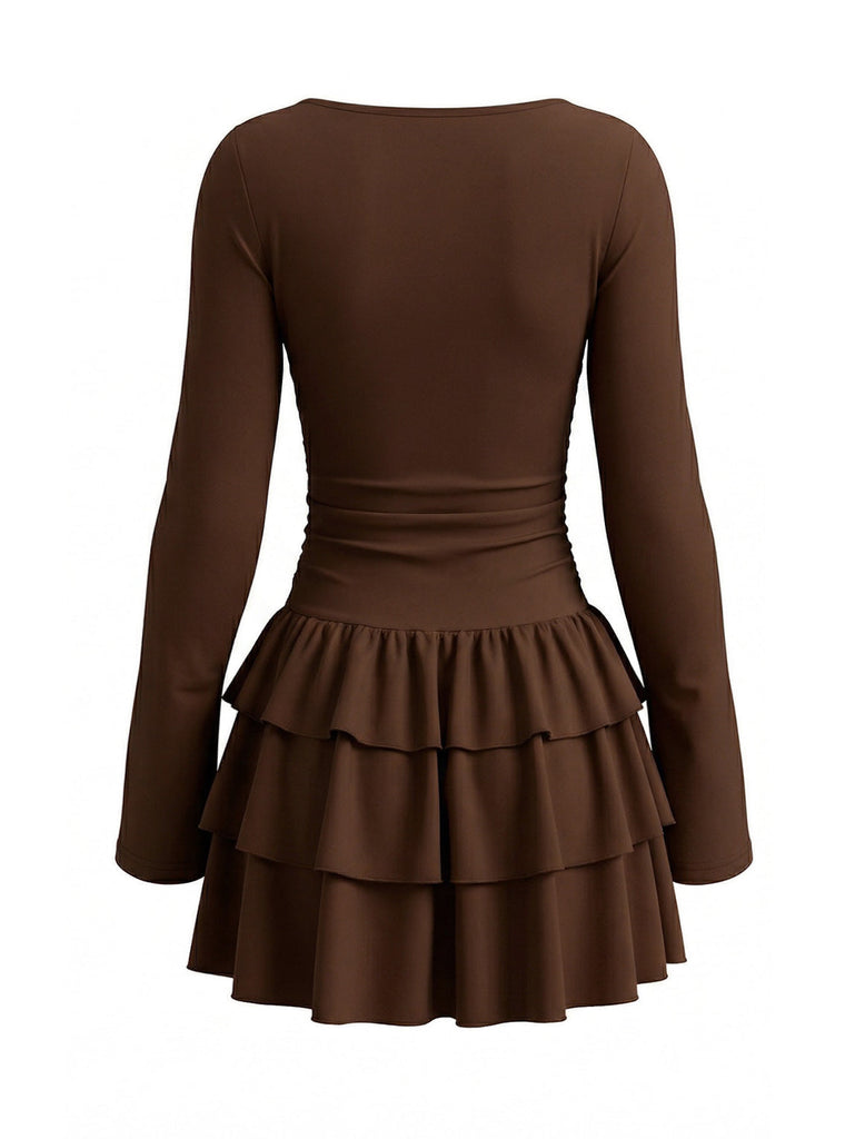 Robe courte froncée à la taille et volants étagés années 1980