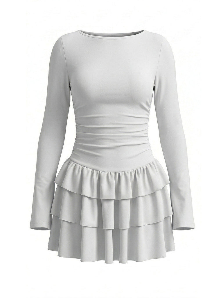 Robe courte froncée à la taille et volants étagés années 1980