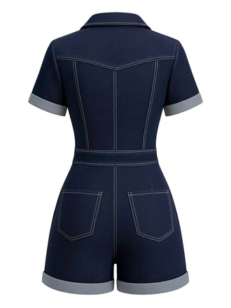 Combishort jean bleu col chemise 1960s