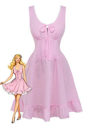 Rose Nœud Dentelle Vichy à Lacets Robe Années 1960