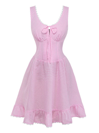 Rose Nœud Dentelle Vichy à Lacets Robe Années 1960 2