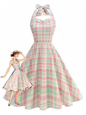 Robe dos nu à carreaux rose pâle années 50