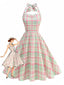 Robe dos nu à carreaux rose pâle années 50