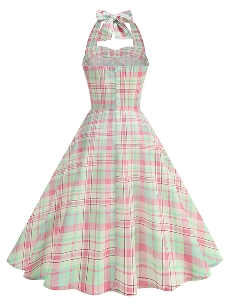Robe dos nu à carreaux rose pâle années 50