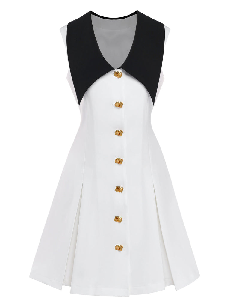 Blanc Col Chelsea Sans Manches Blocs de Couleur Mini Robe Années 1960 2