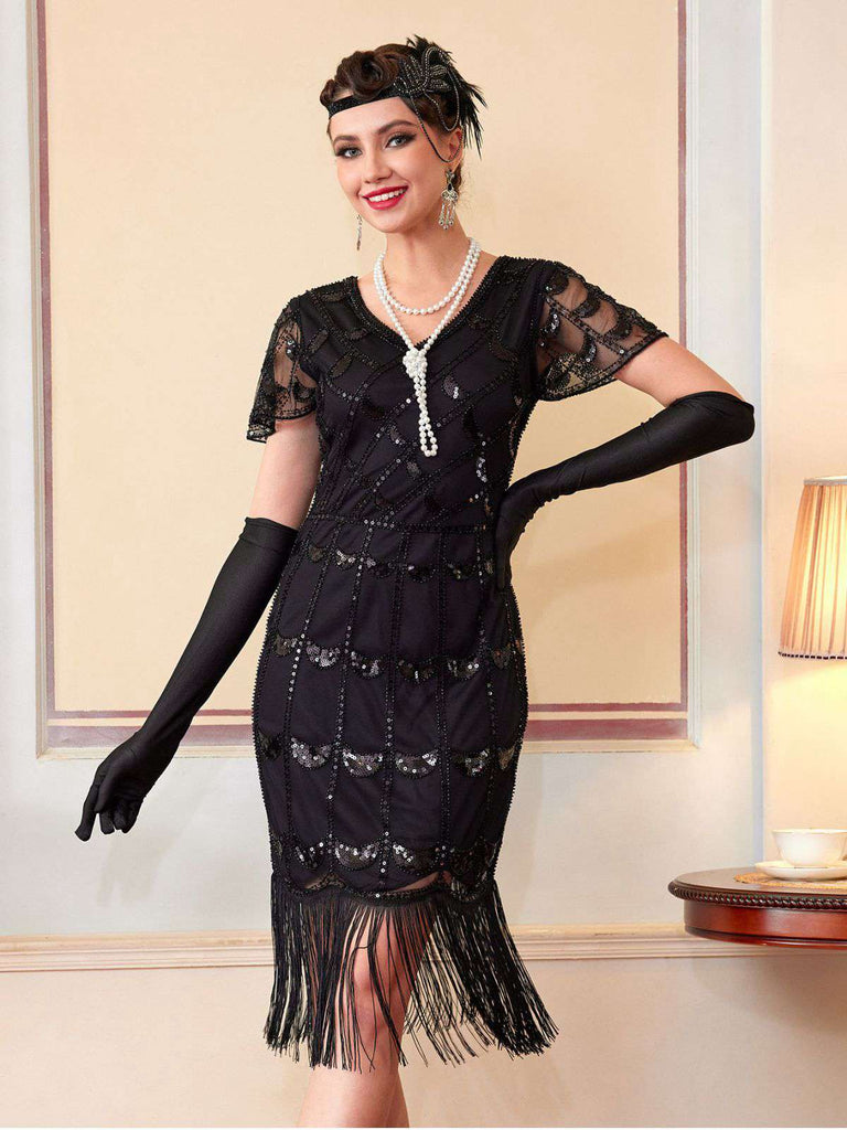 Robe Flapper Paillettes Perles Franges Année 1920