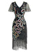 Robe Flapper Paon Paillettes Perles Franges Noire Année 1920