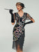 Robe Flapper Paon Paillettes Perles Franges Noire Année 1920