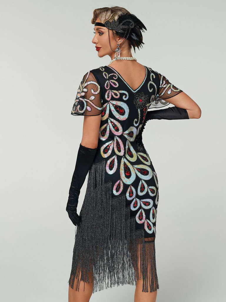 Robe Flapper Paon Paillettes Perles Franges Noire Année 1920