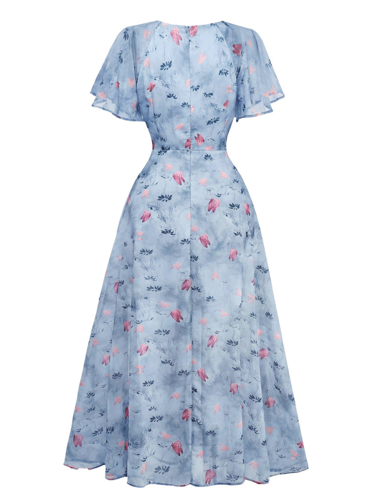 Robe jaune mousseline à manches papillon années 1930