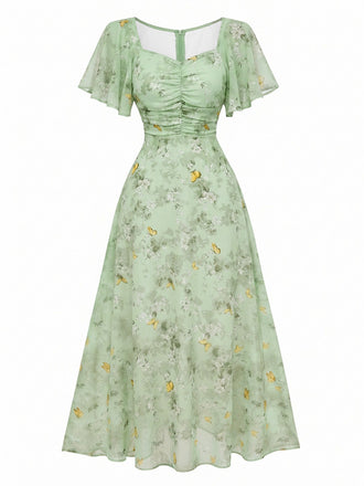 Robe Verte mousseline à manches papillon années 1930
