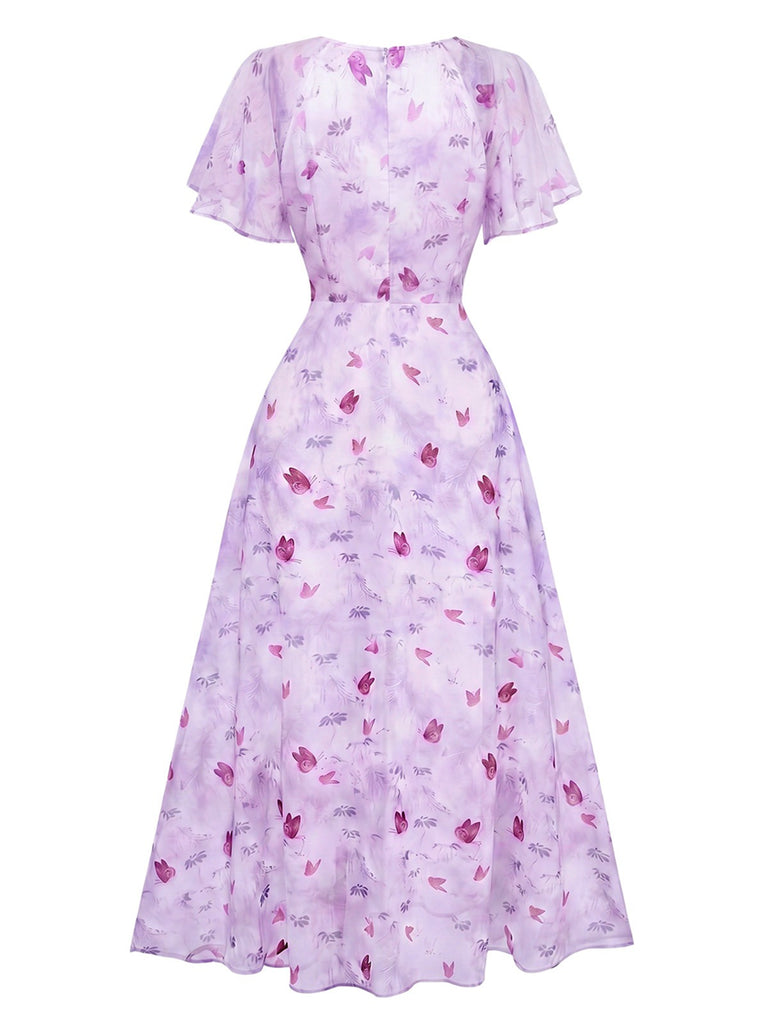 Robe bleu mousseline à manches papillon années 1930
