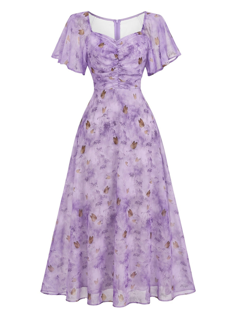 Robe jaune mousseline à manches papillon années 1930