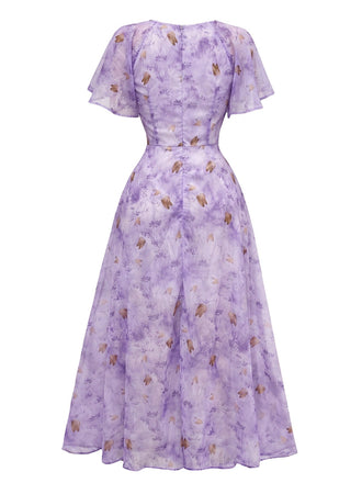 Robe violette mousseline à manches papillon années 1930