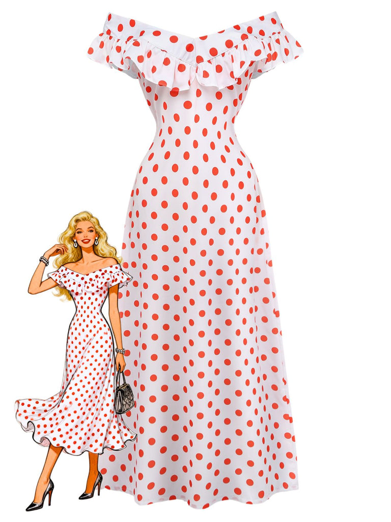 Robe Longue Blanche à Pois Rouges Épaules Dénudées à Volants Années '30