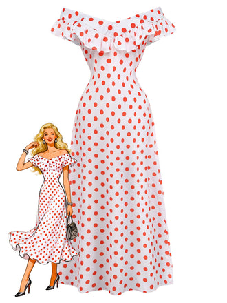 Robe Longue Blanche à Pois Rouges Épaules Dénudées à Volants Années '30