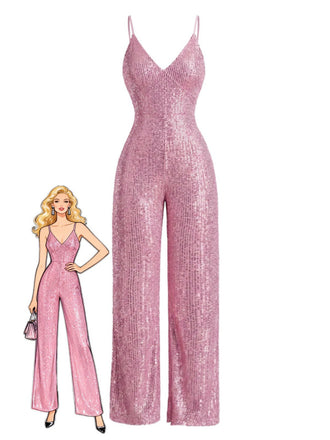 Combinaison rose bretelles spaghetti col V sequins années 1930