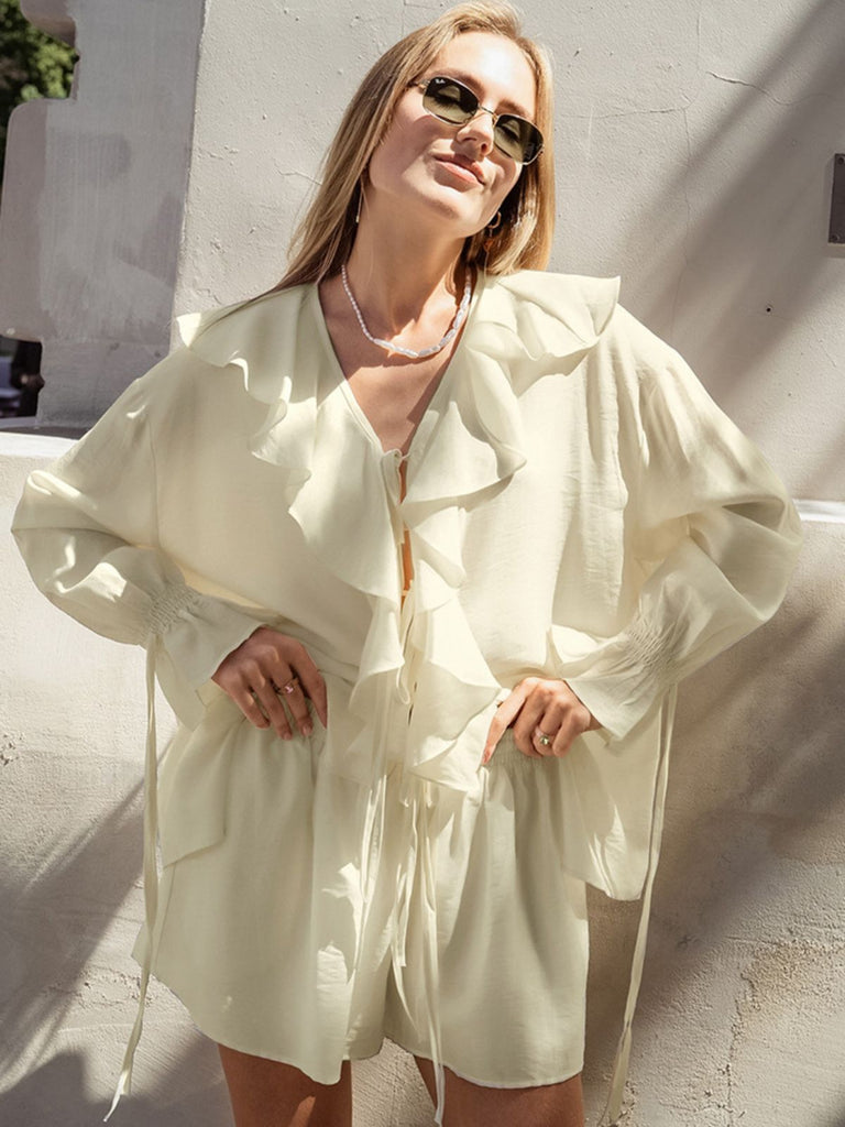 2PCS Beige Volant à Lacets Cardigan & Short Set Années 1940 4