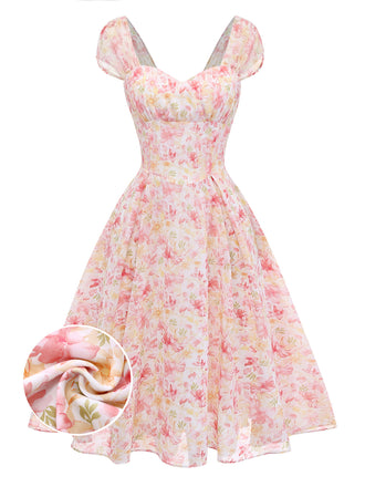 [Prévente] Rose Floral Décolleté Cœur Nœud Robe Années 1950