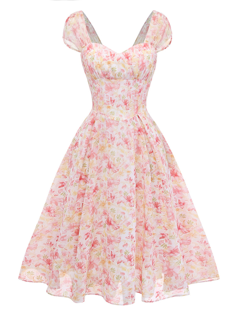 [Prévente] Rose Floral Décolleté Cœur Nœud Robe Années 1950 2