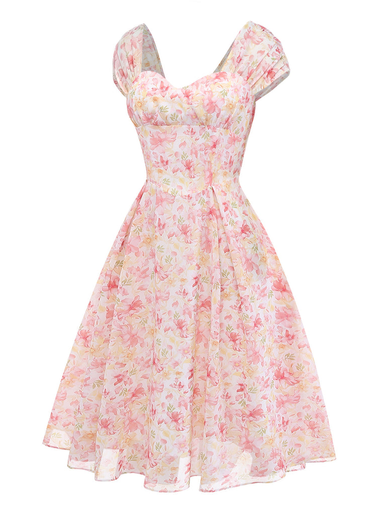 [Prévente] Rose Floral Décolleté Cœur Nœud Robe Années 1950 4