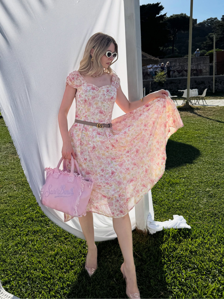 [Prévente] Robe rose floral décolleté cœur avec nœud années 50